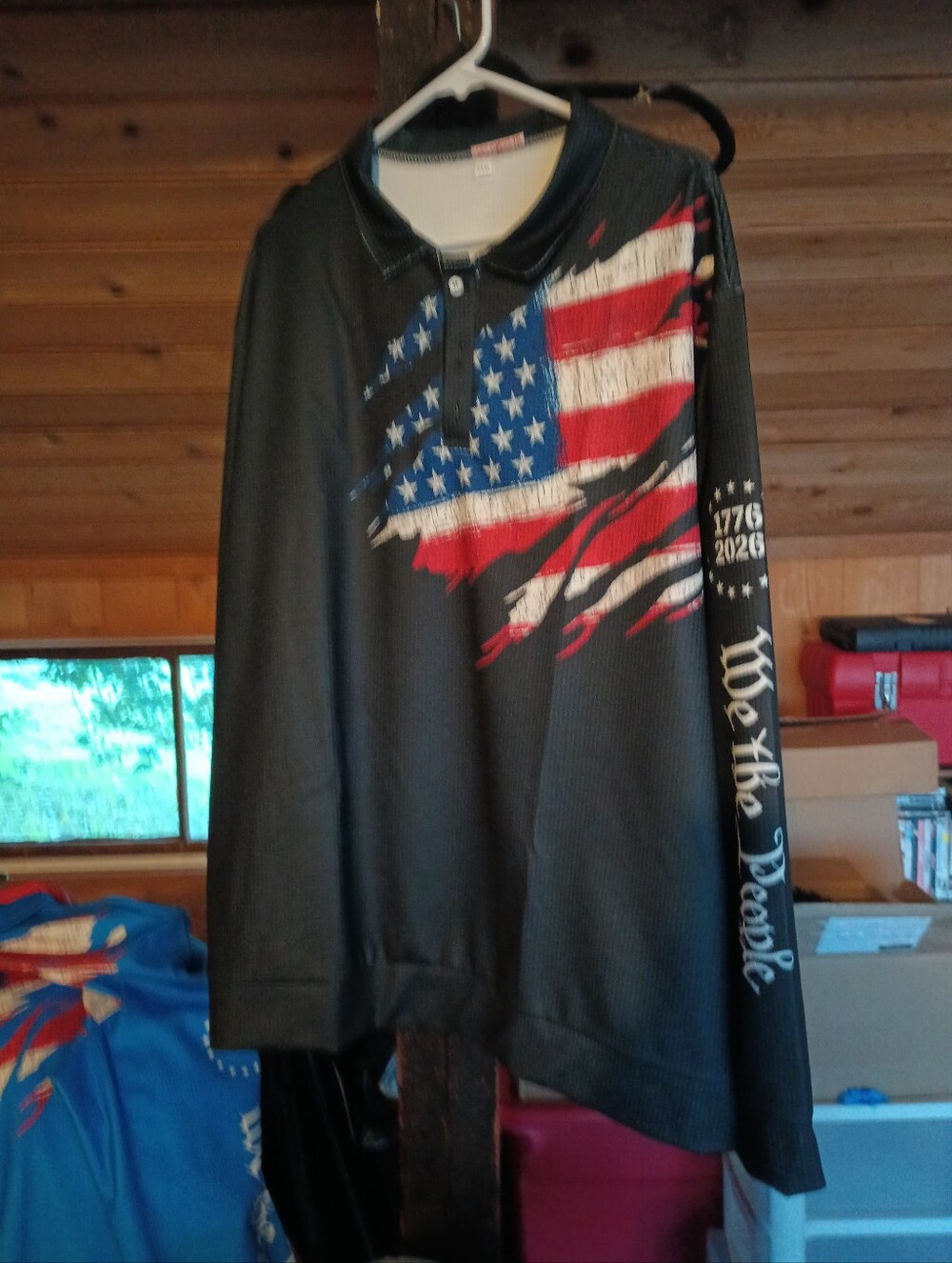 Black Unisex Long-Sleeve Polo with American Flag Graphic